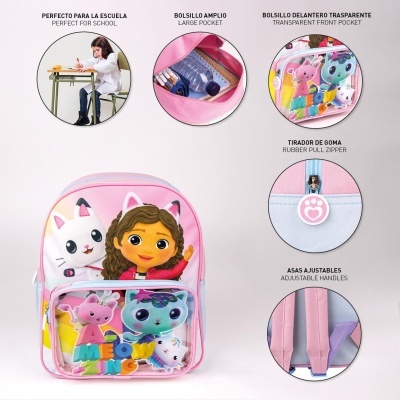 Mochila infantil rosa com bolsa frontal transparente e personagens animados coloridos