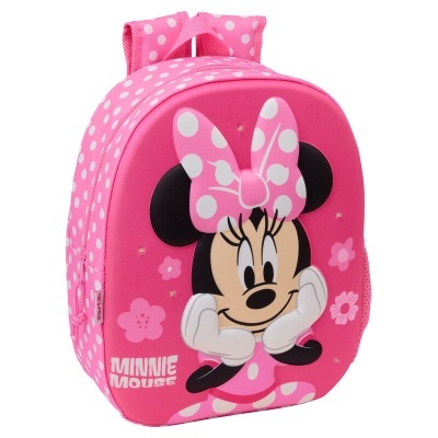 Mochila cor-de-rosa com estampa da Minnie Mouse e bolinhas brancas