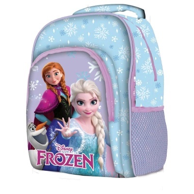 Mochila infantil Frozen azul clara com flocos de neve e personagens Anna, Elsa, Olaf