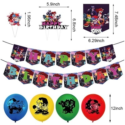 Conjunto de decoração festiva com balões coloridos, bandeirolas 'HAPPY BIRTHDAY' e cartazes temáticos coloridos.