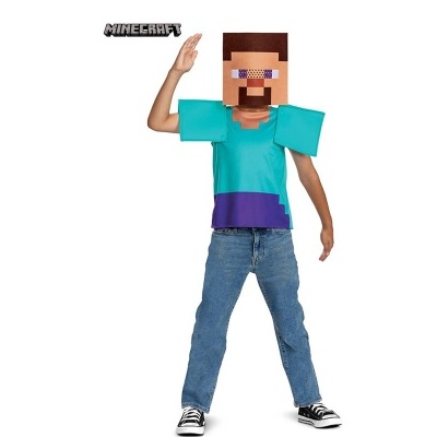 Fantasia infantil Minecraft com máscara e t-shirt azul turquesa