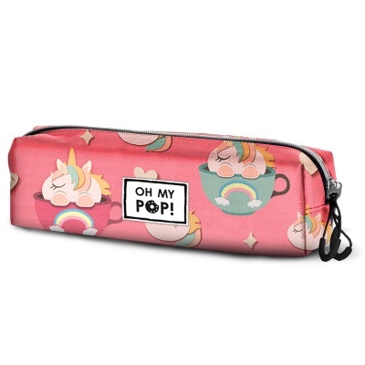 Estojo escolar rosa com unicórnios e padrão colorido