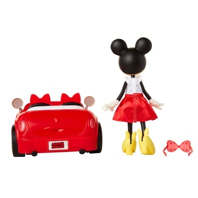 Boneca Mickey com vestido vermelho e carro vermelho