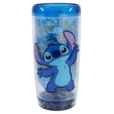 Copo plástico transparente com tampa azul e figura de Stitch
