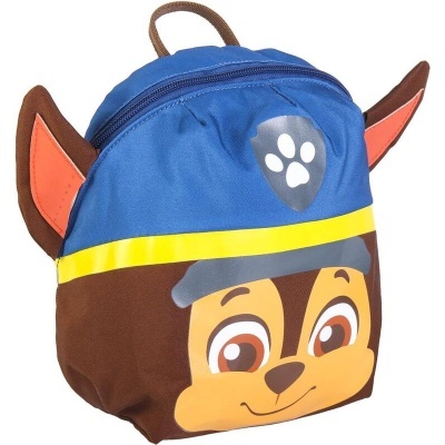 Mochila azul com rosto de cão caricatura, orelhas castanhas e símbolo de pata