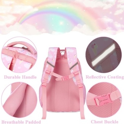 Mochila cor-de-rosa com alça durável e fecho peitoral em fundo de céu com arco-íris