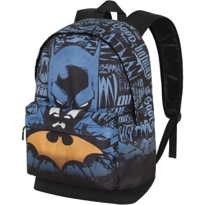 Mochila azul e preta com símbolo do Batman amarelo