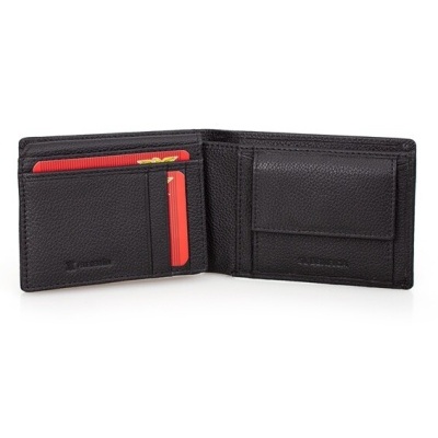 Carteira masculina preta em couro com vários compartimentos aberta