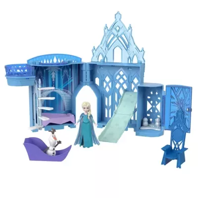 Brinquedo de castelo azul com figuras Elsa e Olaf e acessórios como slide e cadeira