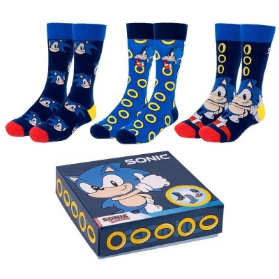 Três pares de meias azuis com estampas do Sonic e caixa do conjunto
