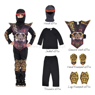 Fato de Samurais para criança com vários acessórios em vermelho, preto e dourado