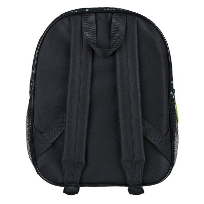 Mochila infantil preta vista pelas costas com alças acolchoadas e bolsos laterais em rede