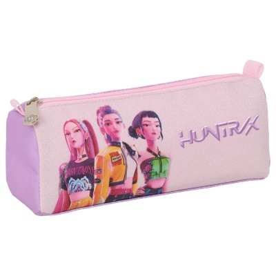 Estojo cor-de-rosa e lilás com imagem de três personagens femininas e o texto HUNTRX.