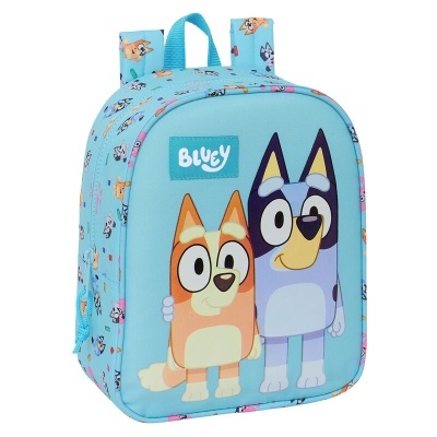 Mochila infantil azul clara com estampa dos personagens Bluey e Bingo e texto Bluey