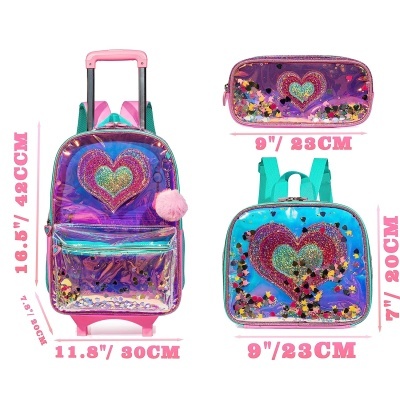 Conjunto de mochilas infantil holográficas com corações de glitter e estrelas coloridas.