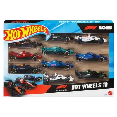 Conjunto de 10 carros de corrida Hot Wheels Formula 1 2025 em embalagem colorida