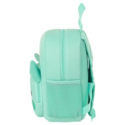 Mochila infantil verde água vista de lado com bolso em rede e alças ajustáveis