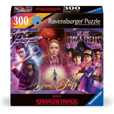 Quebra-cabeças Ravensburger 300 peças Stranger Things com personagens e texto colorido