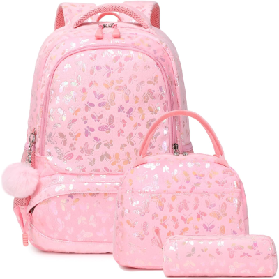 Conjunto de mochila rosa, bolsa pequena e estojo rosa com padrão de borboletas douradas e lilases