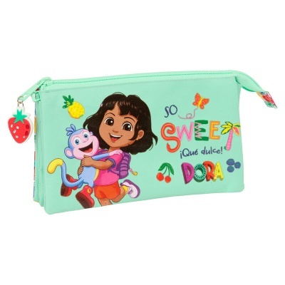 Estojo com desenho de Dora e Boots e texto colorido em fundo verde água