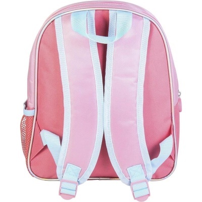 Mochila infantil rosa vista de trás com alças acolchoadas e bolso lateral em rede