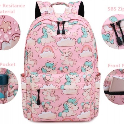 Mochila rosa com unicórnios e bolsos