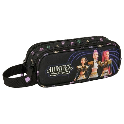 Estojo escolar preto com personagens e texto HUNTRYX