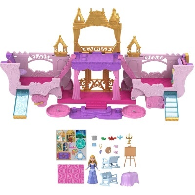 Castelo de brinquedo rosa, roxo e dourado com acessórios e boneca