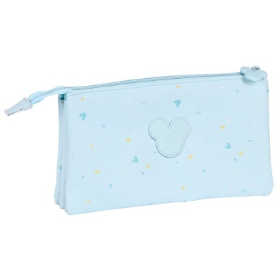 Estojo azul claro com padrão de silhuetas do Mickey Mouse e fecho de correr