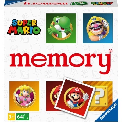 Caixa do jogo memória Super Mario com personagens e ícones coloridos