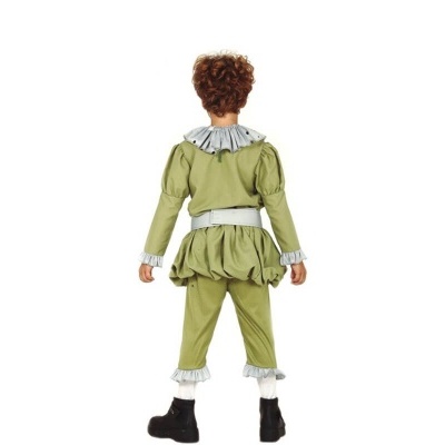 Fantasia infantil verde-oliva com babados brancos e cinto branco vista de costas