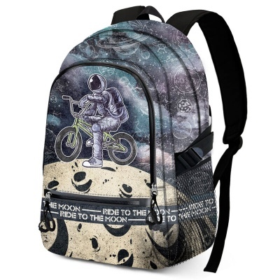 Mochila com astronauta em bicicleta e texto RIDE TO THE MOON