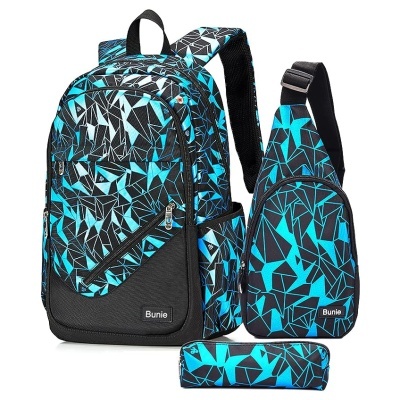 Conjunto de mochila, mochila de ombro e estojo com padrão geométrico azul e preto
