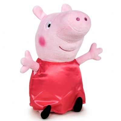 Pelúcia Peppa Pig vestida de vermelho em fundo branco