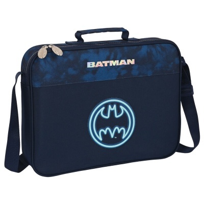 Mala de transporte azul escura com logo e texto Batman