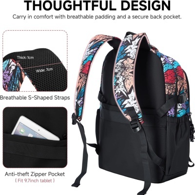 Mochila preta com alças coloridas e bolso traseiro com fecho