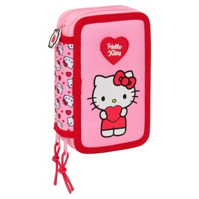 Estojo escolar rosa com personagem Hello Kitty e fecho vermelho
