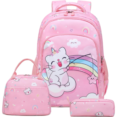 Mochila, lancheira e estojo cor-de-rosa com desenhos de gatos e arco-íris