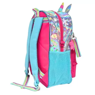Mochila infantil cor de rosa e azul com parte frontal holográfica e padrão de unicórnios