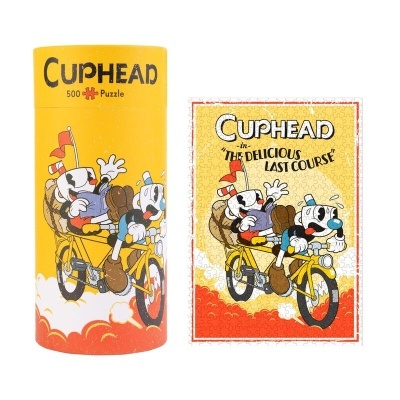 Puzzle de 500 peças com tema Cuphead e embalagem amarela cilíndrica