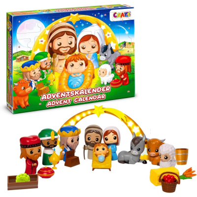 Calendário de advento de madeira com figuras de presépio coloridas e arco amarelo com estrelas