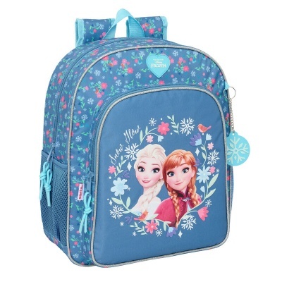 Mochila infantil azul com personagens Frozen e padrão floral