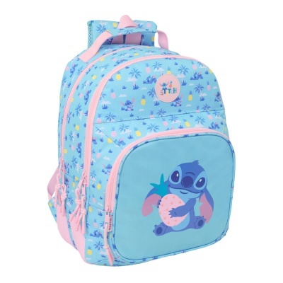 Mochila azul e rosa com personagem Stitch e padrão de ananases e palmeiras