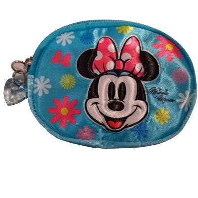 Bolsa pequena azul com imagem da Minnie Mouse e flores coloridas