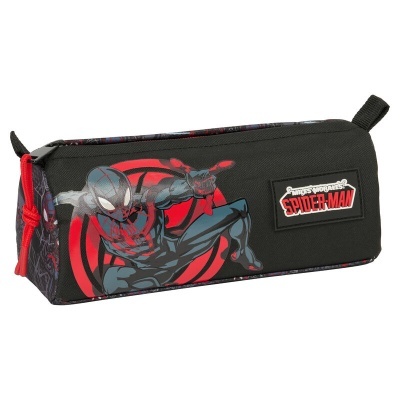 Estojo escolar preto com Spider-Man, fundo vermelho e fecho vermelho