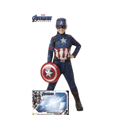 Fato infantil do Capitão América com escudo e máscara nas cores azul, vermelho e branco