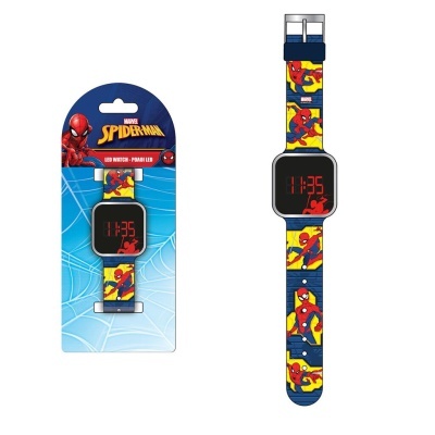 Relógio digital LED infantil Marvel Spider-Man com pulseira colorida e visor preto.