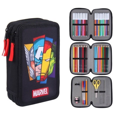 Estojo escolar triplo preto com estampas geométricas coloridas dos Avengers e logo MARVEL
