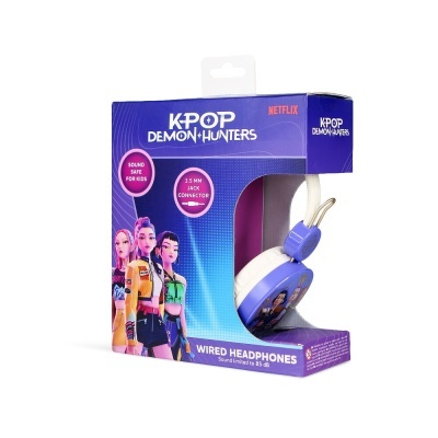 Caixa de headphones K-POP DEMON HUNTERS com design azul, branco e rosa