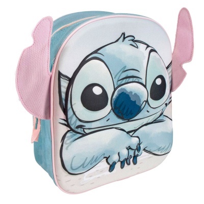 mochila infantil azul e rosa com estampa do Stitch e orelhas rosa